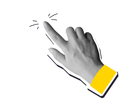 Black and white hand gesture point to, click or tap - cut out element for collage. Modern photo collage style. Illustration on transparent background
