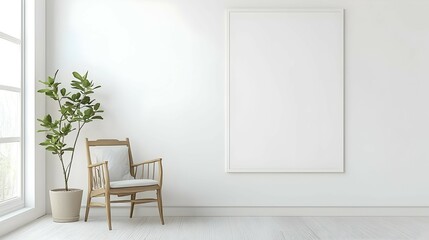 Minimalist White Room Interior with Wooden Chair and Potted Plant