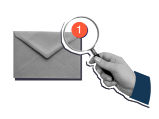 A person looks at the number of unread letters through a magnifying glass. Modern collage style. Illustration on transparent background