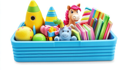 Fototapeta premium Toy boxes set isolated on white background. Vector cartoon illustration of plastic container with ball, rocket, teddy bear, horse, unicorn, doll, dinosaur, book, early education, kids room items