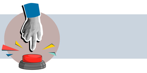 Hand presses the red button, place for text. Modern collage style. Illustration on transparent background