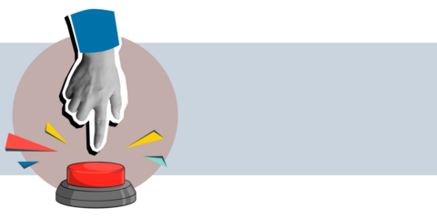 Hand presses the red button, place for text. Modern collage style. Illustration on transparent background