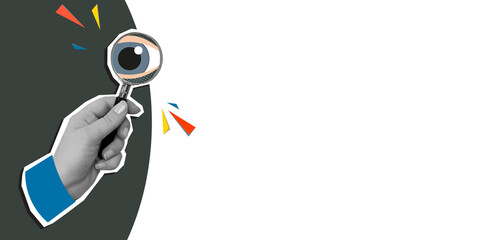 A hand holds a magnifying glass with big eye in it, place for text. Modern photo collage style. Illustration on transparent background