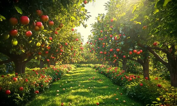 Sunlit Red Apple Orchard Pathway