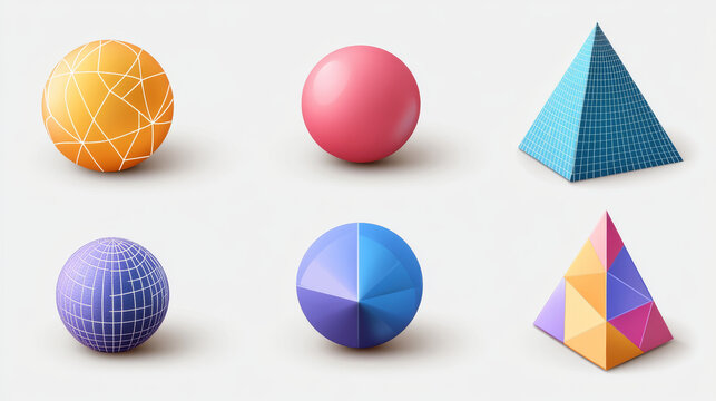 Geometric 3d shapes hemisphere, octahedron, sphere and torus, cone, cylinder and pyramid with icosahedron. Basic voluminous geometry figures for education, Realistic vector illustration, icons set