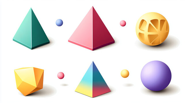 Geometric 3d shapes hemisphere, octahedron, sphere and torus, cone, cylinder and pyramid with icosahedron. Basic voluminous geometry figures for education, Realistic vector illustration, icons set