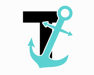 Initial Letter T Anchor Logo Design Concept For Boat, Ship, Yacht, Nautical Transport Symbol © pixstocker