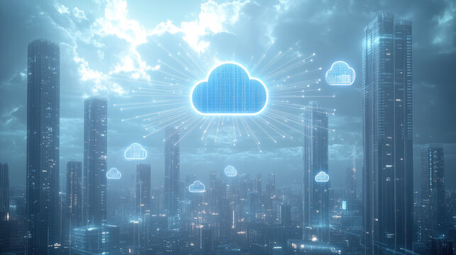 futuristic cityscape featuring glowing cloud icons representing cloud integration, surrounded by tall skyscrapers and dramatic sky