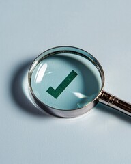 A magnifying glass focuses on a green checkmark, symbolizing verification, approval, or successful completion against a soft, light background.