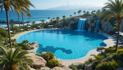 Obraz premium Luxury Resort Infinity Pool with Waterfall Overlooking Ocean