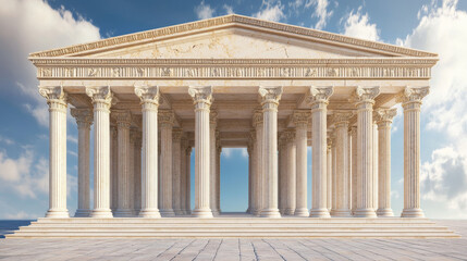 Obraz premium Ancient greek temple with pillars. Vector realistic antique building front with white marble arches and columns with capital in doric style. Background with roman palace entrance