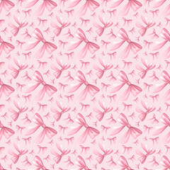Coquette Bows in pastel pink color. Watercolor hand drawn seamless pattern of delicate trendy accessory on pink. Girly and lady style. For cutecore, romantic design, textile, wrapping, scrapbooking.