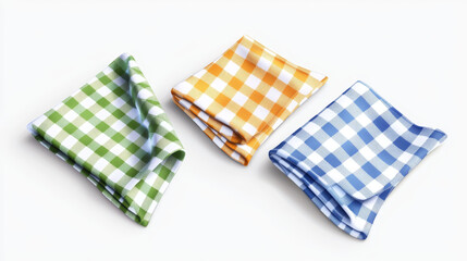 Fototapeta premium White empty and checkered folded handkerchief mockup. Realistic vector illustration set of cotton gingham cloth napkin or kitchen towel. Fabric traditional textile tablecloth and serviette template.