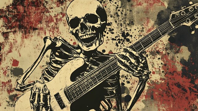 Skeleton Musician Playing Electric Guitar in Grungy Edgy