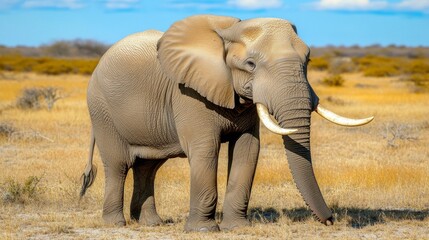 Fototapeta premium African Elephant Covered in Mud Standing Tall on Grassland Under Bright Daylight