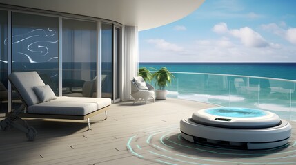 Obraz premium Luxurious smart home balcony featuring advanced automation technology for shading and weather detection