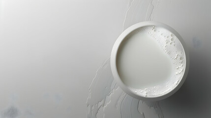 A pristine bowl of milk surrounded by a smooth, spilled milk pattern on a clean surface