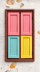 Fototapeta premium Colorful wooden shutters on decorative window, adding charm and vibrancy to wall