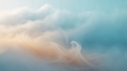 A serene and dreamy atmosphere dominates this image, featuring a stunning gradation of mist, which transitions from pale and cool blue at the top to warm and golden mist at the bottom.