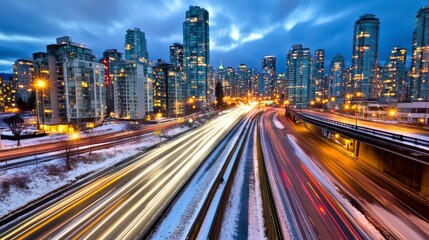 Fototapeta premium Cityscape at Night with Light Streaks from Traffic on a Main Highway