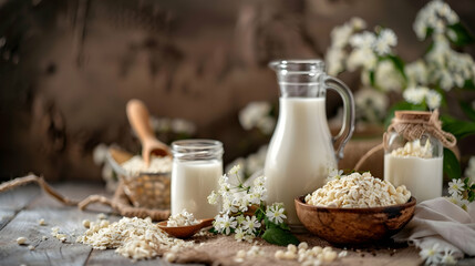 Fresh milk and dairy products displayed artistically with flowers and rustic elements