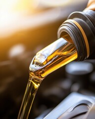 A close-up of engine oil being poured from a bottle, highlighting the golden liquid against a blurred background of an engine compartment.