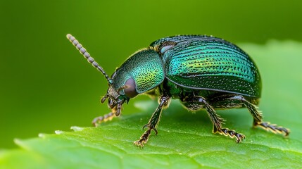Fototapeta premium Close Up of a Shiny Green Beetle Resting on a Vibrant Green Leaf in Nature