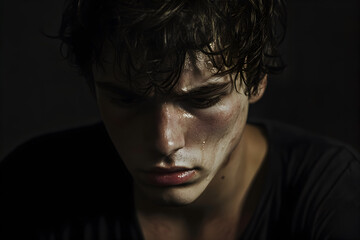 A half-length portrait of a young man consumed by sadness and devastation