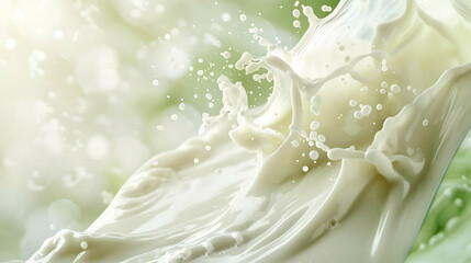 A dynamic splash of milk against a soft green background, capturing the essence of freshness and purity