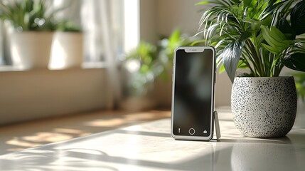 Adjustable phone stand in landscape orientation placed on a light colored surface with a blurred background providing ample space for text or design elements
