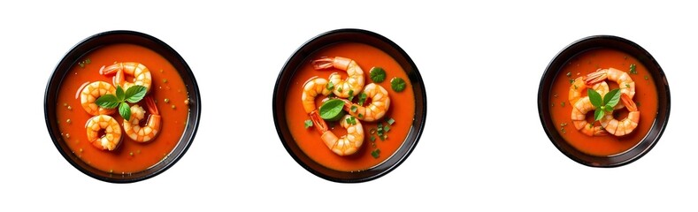 Tom Yam kung Spicy Thai soup with shrimp in a black bowl on a dark stone background, top view