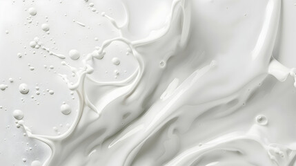 Smooth, flowing white liquid texture with splashes and droplets creating an artistic background