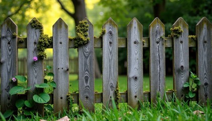 Naklejka premium Weathered wooden fence with lichen and moss growth, weathered, wooden fence, moss