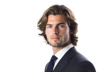 Portrait of white caucasian male wearing tie and jacket. Isolated on transparent background.