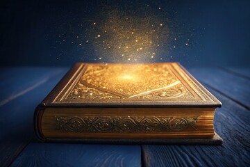 Fototapeta premium Old magic mysterious book with golden glitter light