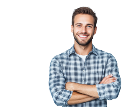 Portrait of a young happy caucasian male with checkered shirt, arms crossed. Isolated on transparent background.