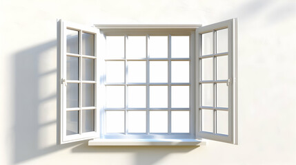 Open white window with multiple panes, casting shadows on a light-colored wall, serene atmosphere