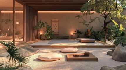 Tranquil japanese garden showcases minimalist zen aesthetic interior space