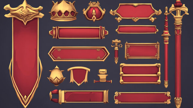Medieval buttons, ui game menu elements, red oblong banners and gold ornate rims. Empty royal gui bars for rpg or arcade, golden borders, web design interface Cartoon 3d vector illustration, set