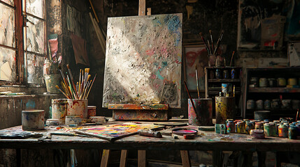 Naklejka premium Colorful Artist Studio with Blank Canvas and Various Paint Supplies on a Rustic Table