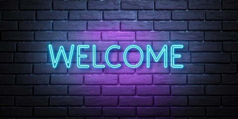 Welcome sign on black brick wall background, Glowing purple and blue neon light Welcome sign on a black wall. Concept for Bar sign or Restaurant