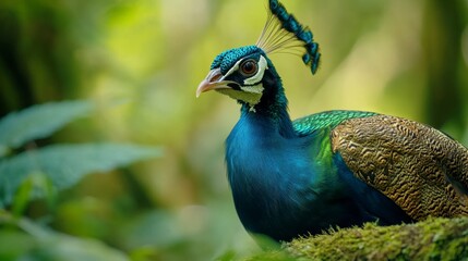 Iridescent Peacock Perched on Mossy Branch in Lush Green Tropical Forest