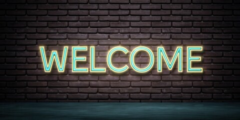 Fototapeta premium Welcome sign neon light on a brick wall background