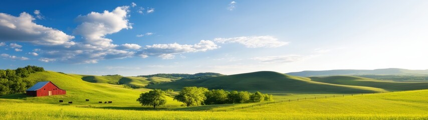 Fototapeta premium Serene Rural Scene: Red Barn, Grazing Cows, and Rolling Green Hills under a Cloudy Sky