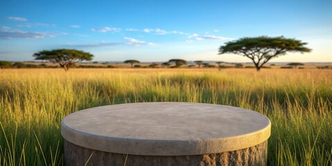 Fototapeta premium Empty round stone podium with africa savanna background