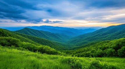 Naklejka premium Lush Green Mountain Valley Under Cloudy Sky in Daytime Scenic Landscape View