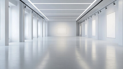 Fototapeta premium Art gallery empty 3d room with white walls, floor and illumination lamps. Museum interior passages with lights for pictures presentation, photography contest exhibition hall, Realistic vector mock up