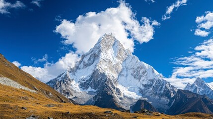 Fototapeta premium Magnificent Snow Capped Mountain Peak Against a Bright Blue Sky with White Clouds