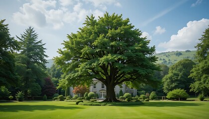 Magnificent Estate Home Surrounded by Lush Greenery and a Grand Tree