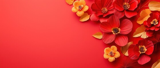 Obraz premium Red and Gold Paper Flowers on Red Background
